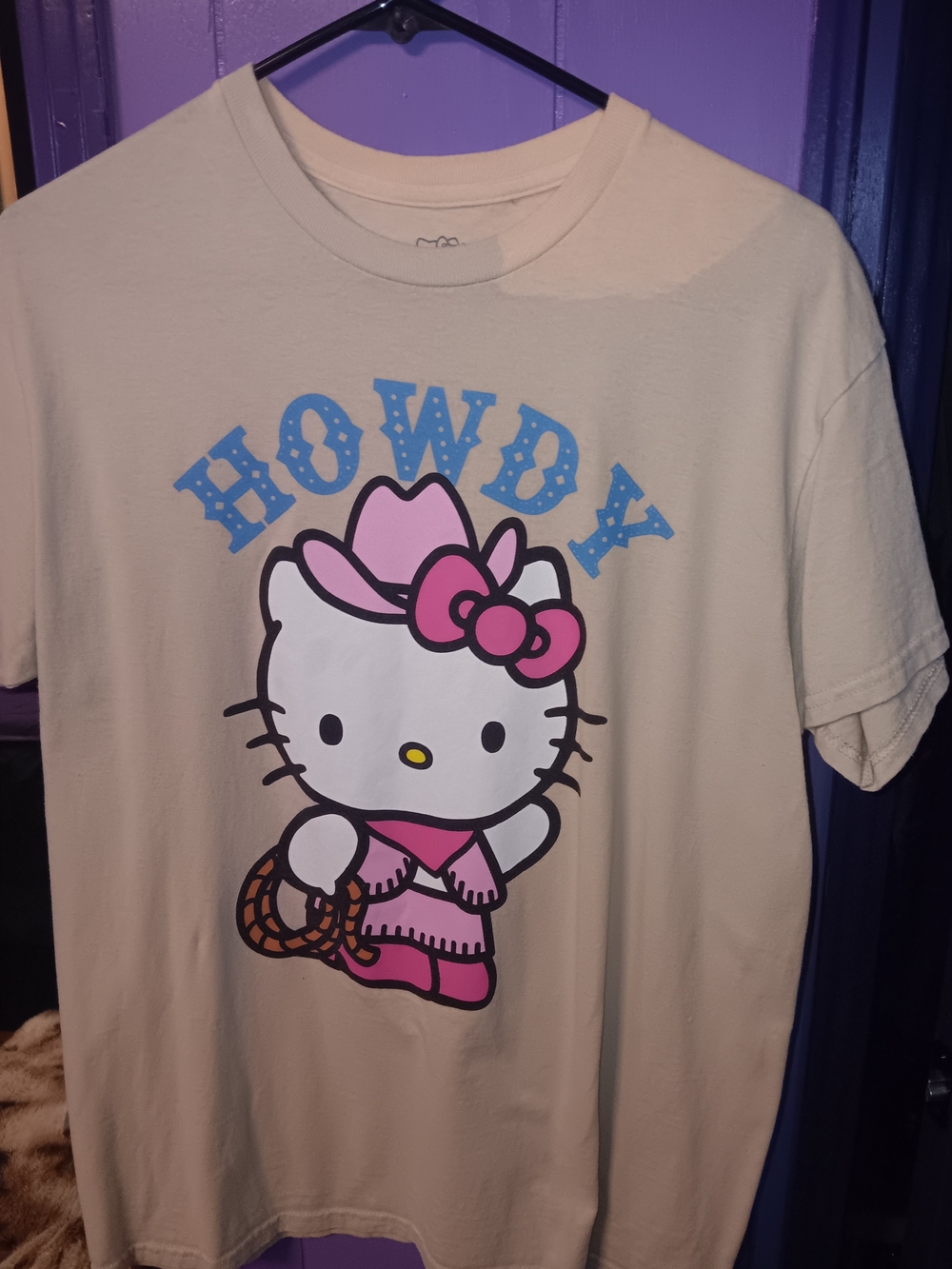 Sanrio Hello Kitty 'Howdy' Graphic Tee - Cream with Pink and Blue
